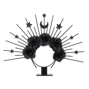 Gothic celestial halo headband with black roses moon and stars for cosplay costume.