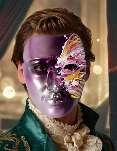 Close-up of a purple Venetian masquerade mask with colorful artistic paint splatters