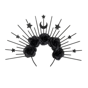 Gothic black sun moon halo crown with roses and star details for cosplay and parties