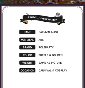 Detailed specifications of purple and gold ABS carnival mask for cosplay parties