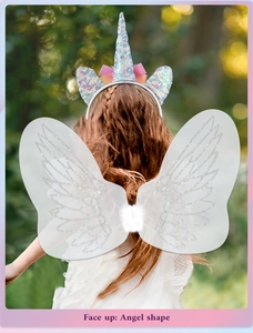 Rear view of a child wearing the white unicorn wings and headband set for party cosplay