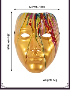 Artistic gold masquerade mask with colorful paint drips, size 17x23cm and weight 77g