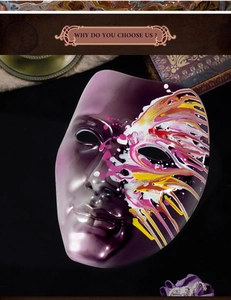 Detail view of vintage dark purple masquerade mask with artistic colorful splatter pattern