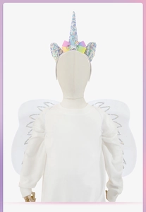 Detailed view of kids unicorn party costume including sequin headband and white wings