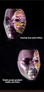 Detail of purple gradient masquerade mask featuring artistic fluid paint textures