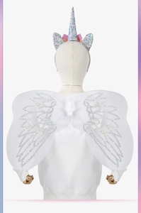 Detailed view of kids unicorn costume set featuring sequined headband and mesh wings