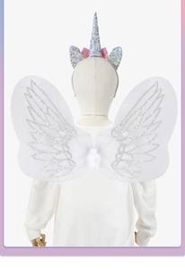 Rear view of white unicorn headband and glittery fairy wings costume set for kids