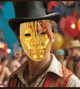 Detail of gold masquerade mask with colorful paint drip art and black elastic strap
