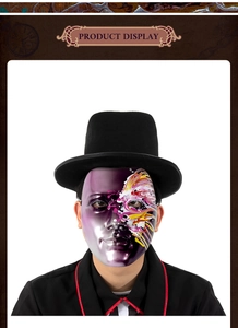 Macro detail of purple butterfly half mask with colorful spray paint and black top hat