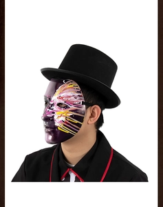 Detail of man wearing purple butterfly masquerade mask and black top hat for party