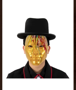 Detail of creative gold masquerade mask with colorful paint drip accents and metal texture