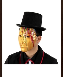 Artistic gold masquerade mask with paint drip detail and a black felt top hat for men
