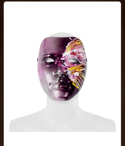 Close-up of purple hand-painted butterfly mask with vibrant splash art on white mannequin