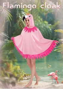 Close-up of flamingo hood with gold crown, 3D beak, and vibrant feather printing