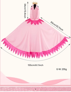 Pink flamingo hooded cape with gold crown detail and size dimensions measurement guide