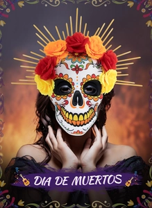 Close-up of Day of the Dead EVA skull mask with bright fabric flowers and gold halo crown
