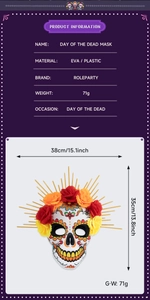 Detailed dimensions of the Day of the Dead EVA mask with floral crown and gold spikes