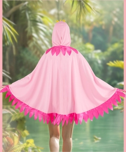 Back view of pink flamingo hooded cloak with golden crown and petal trim detail