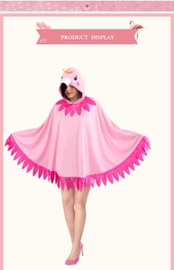 Detailed view of pink flamingo hooded cloak featuring a 3D bird head with yellow crown