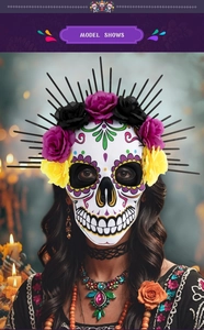 Macro view of Day of the Dead EVA skull mask with floral crown and zip tie halo headpiece