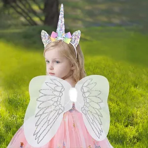Glitter Unicorn Headband And Butterfly Wings Costume Set Rainbow Sequin Hairband Angel Wings For Kids Birthday Party Props