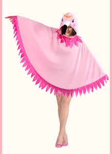 Detail of hooded flamingo cape with 3D beak, crown decoration and vibrant feather-like edges