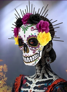 Close-up of Day of the Dead EVA skull mask with floral rose headband for costume party