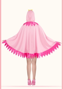 Rear view of pink flamingo costume cape with hood, satin finish, and yellow crown detail