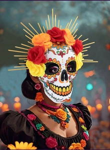 Detail of Day of the Dead EVA skull mask with vibrant floral crown and golden halo headpiece