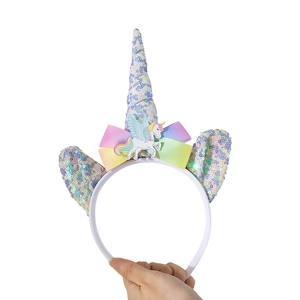 LED unicorn headband with sequins, rainbow bow, and cartoon icon for girls party costume