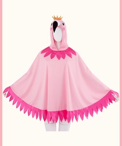 Close-up of flamingo hooded cape featuring a golden crown and feather trim details