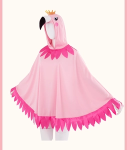 Detail view of pink flamingo costume cape with golden crown and feather trim accents