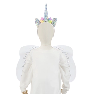 Kids unicorn costume set with sequin headband and white glitter mesh wings for party