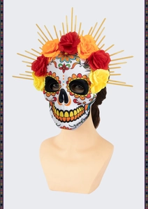 Detailed front view of Day of the Dead EVA skull mask with floral crown and golden halo