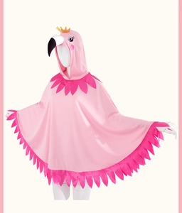 Detail of pink flamingo hooded cloak with feather-like edges and 3D beak on white background