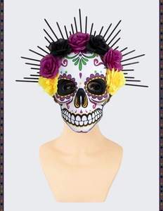Detail of Día de los Muertos EVA skull mask with vibrant floral decor and radial crown