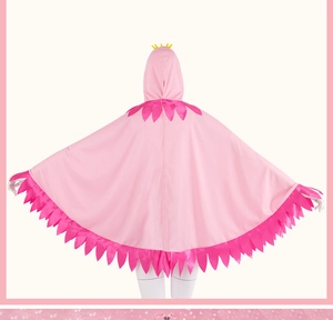 Pink flamingo hooded cape for kids with yellow crown and sawtooth feather trim back view