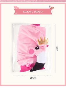 Package display of pink flamingo cape showing dimensions 30cm by 25cm with gold crown detail