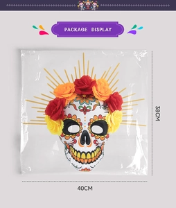 Detailed packaging display of Day of the Dead floral skull mask with 38x40cm dimensions