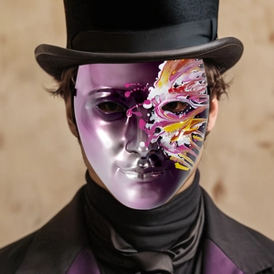 Artistic purple and silver gradient masquerade mask worn by a model in Victorian costume