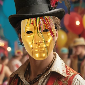 Artistic gold carnival mask with colorful spray paint drips for masquerade party events