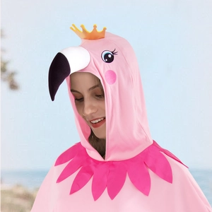 Pink flamingo hooded cape with golden crown and feather trim for kids cosplay costumes