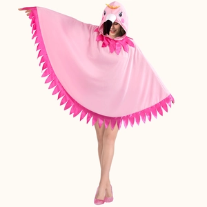 Adult pink flamingo hooded poncho costume with plush crown and feathered fringe trim