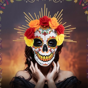 Day Of The Dead Sugar Skull Mask With Artificial Flowers And Halo Spikes Mexican Masquerade Party Costume Accessory Halloween Festival Prop