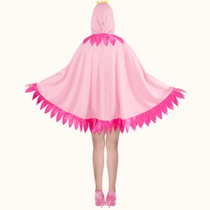Pink flamingo cosplay hooded cape with flower petal trim and golden crown for kids