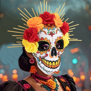 Tag der Toten Maske mit Blumenkrone aus Rosen und goldenem Heiligenschein Dekor