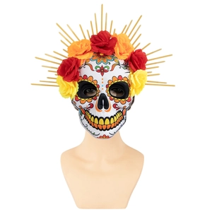 Sugar Skull mask with vibrant flowers and golden sunburst crown on display stand
