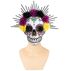 Day of the Dead sugar skull mask with floral crown and black spikes on white background