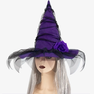 Baroque purple witch hat with mesh veil and rose for Halloween cosplay gothic costume