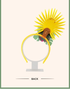 Detail von LED-Schalter und Batteriefach am gelben tropischen Blumen-Stirnband